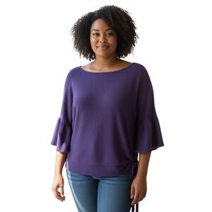 MICHAEL Michael Kors Purple Textured Bell Sleeve Tie Front Boat Neck Top Plus 2X